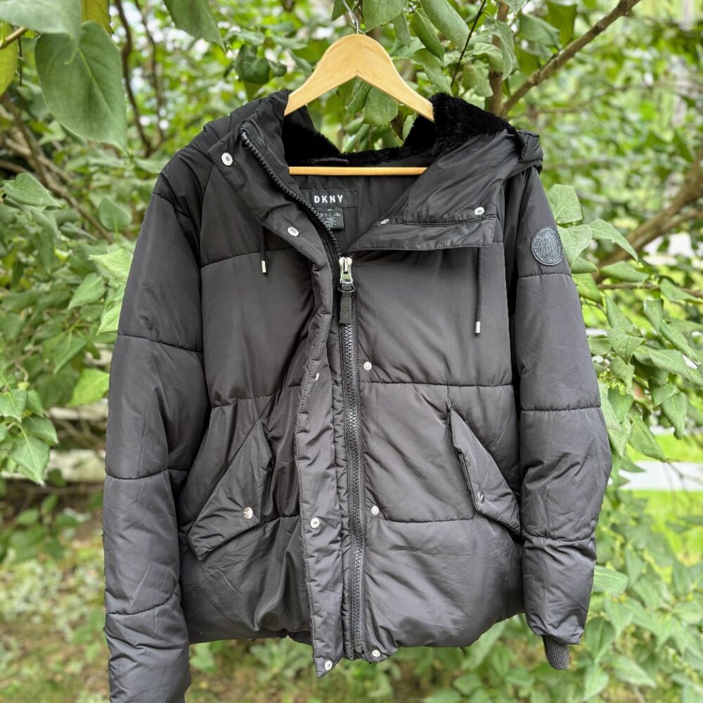 Black Puffer Jacket, Black Bomber Jacket, Fur hood, Oversized Black Coat, DKNY